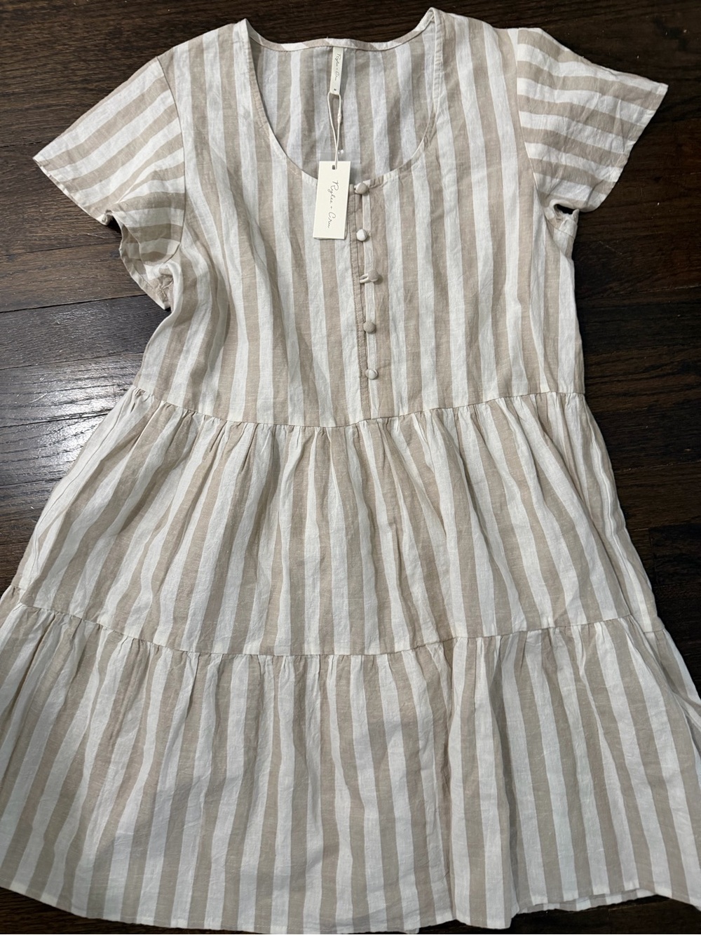 Rylee + Cru Beige and White Striped Tiered Cotton Dress